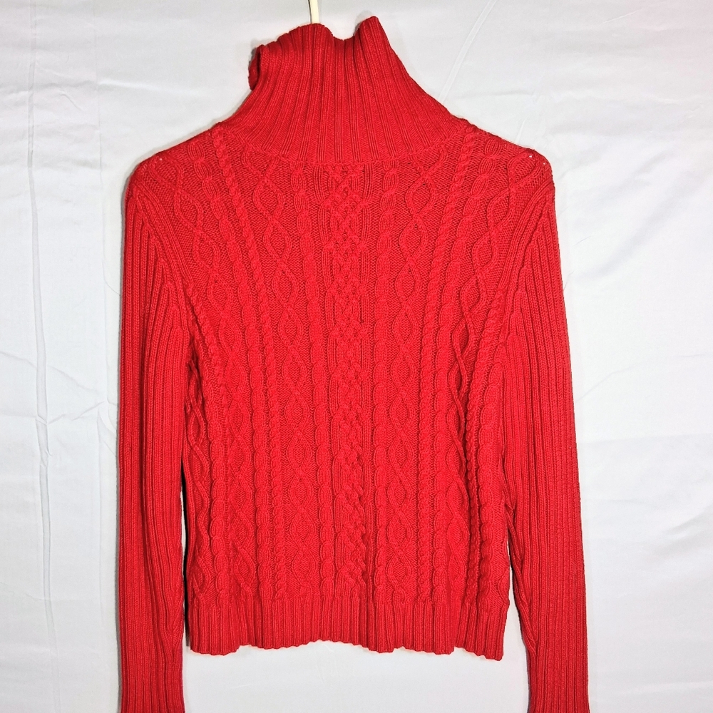 Valerie Stevens Size SP Bright Red Cable Knit Mock Collar 100% CottonSweater